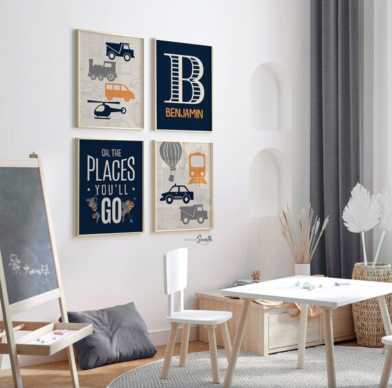 Transportation theme nursery decor, gray orange navy blue oh the places you'll go, personalized print transportation helicopter train decor