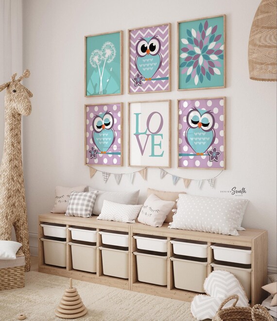 Baby girls nursery decor, owl nursery decor, girls owl nursery, flowers, chevron, purple and aqua blue decor, girls, girls nursery decor