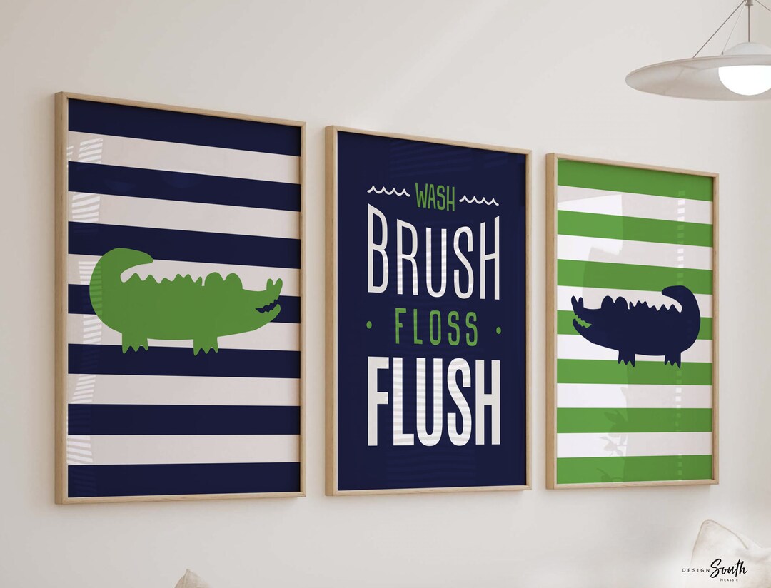 Little Boy Bathroom Decor, Gator Bathroom, Navy Blue and Green