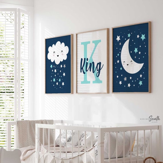 Baby boy navy blue and aqua nursery decor, personalized name print, boy monogram, cloud moon star, boy nursery decor, wall art for boys star