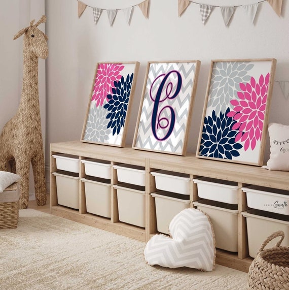 Girls bedroom hot pink, wall decor for girls, wall art for girls, pink navy decor girls room, hot pink art baby girl, navy and pink monogram