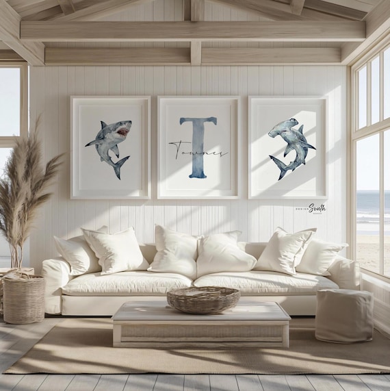 Personalized Watercolor Shark Nursery Art Prints, Ocean Bedroom Decor