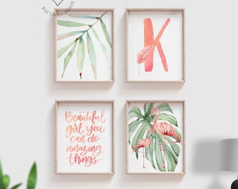 Tropical palm leaf baby pink green girls nursery art, girl pink flamingo art, baby girl name and quote, girl baby flamingo wall art tropical