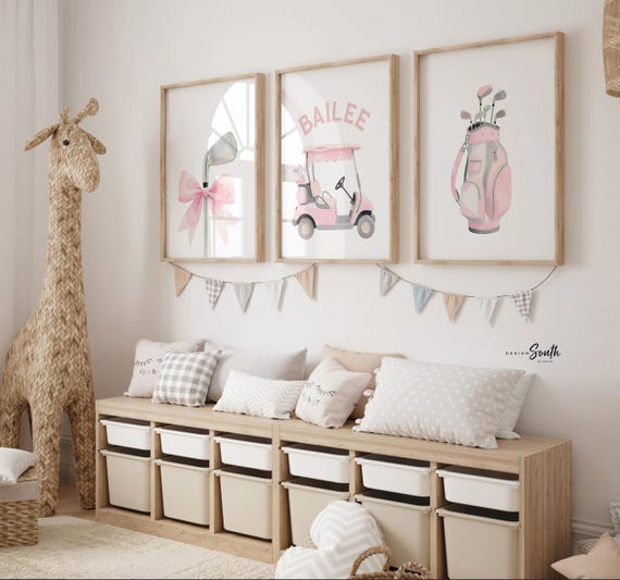 Soft Pastel Golf Girl Prints – Set of 3 Personalized Watercolor Golf Cart & Club Designs – Chic Pink Nursery Wall Art
