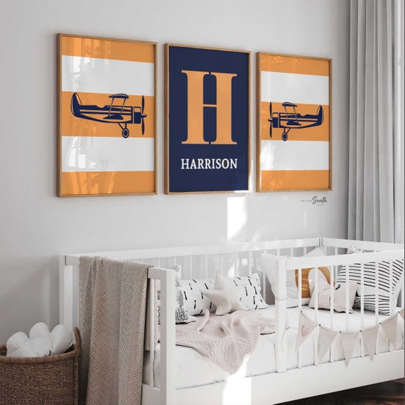 Boys orange and blue airplane nursery decor, aviation nursery, orange and navy boys, boys bedroom airplanes, aviation bedroom wall art boys