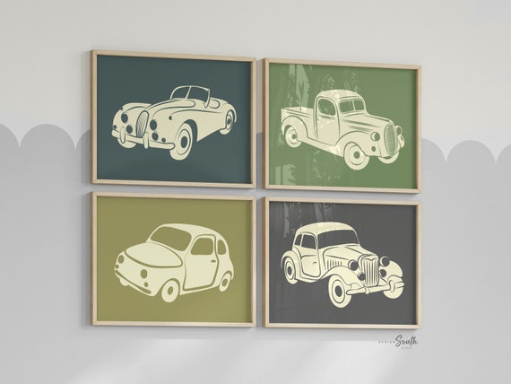 Vintage car and truck decor, vintage nursery decor, boys bedroom decor, boys playroom decor, transportation decor boys, vintage car wall art