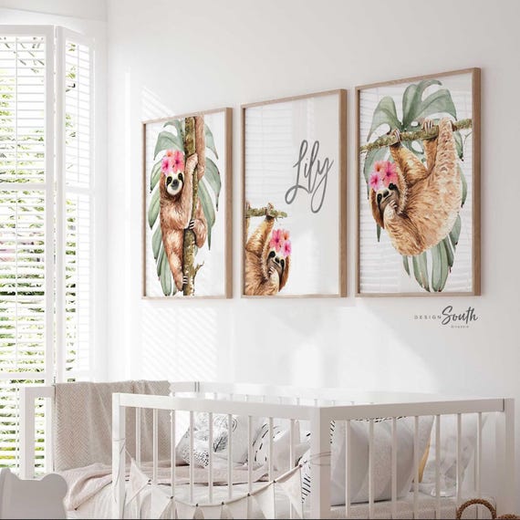 Girl Sloth Nursery Wall Art Set of 3, Tropical Rainforest Flower Crown Sloth Prints, Personalized Name Initial, Pink Nursery Decor