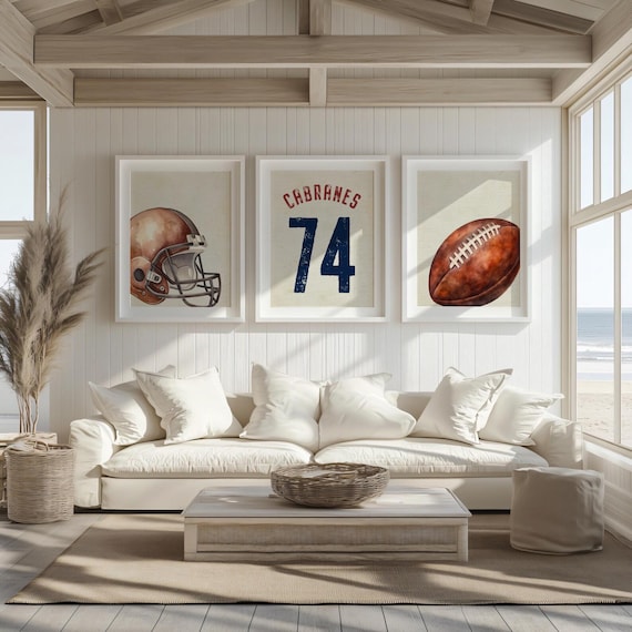 Vintage Watercolor Football Nursery Prints – Custom Name Helmet Ball (Set of 3)