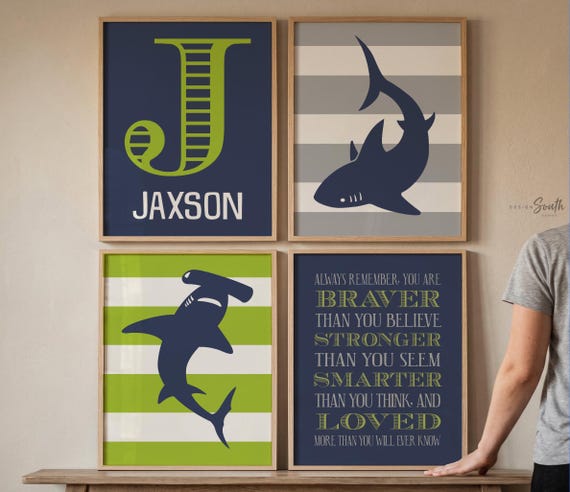 Shark Nursery Art Prints: Lime Green, Navy Blue, and Gray (Unframed)
