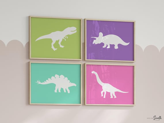 Pink purple teal turquoise lime green dinosaur collection, art prints for girls bright colorful dinosaurs, girly modern bright dinosaur art