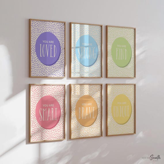 Playroom wall art set, rainbow colors modern prints, inspirational quote decor, you are loved brave kind smart strong, set of 6