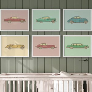 Classic car decor, retro car poster print set of 6, vintage car nursery, retro car decor, vintage car poster set, old car kids decor vintage