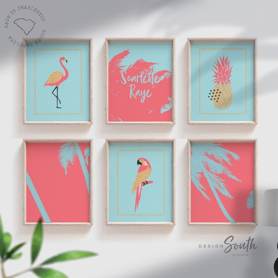 Custom palm name sign, little girl room summer palms flamingos art, personalized name decor, flamingo art, tropical coral gold wall art set