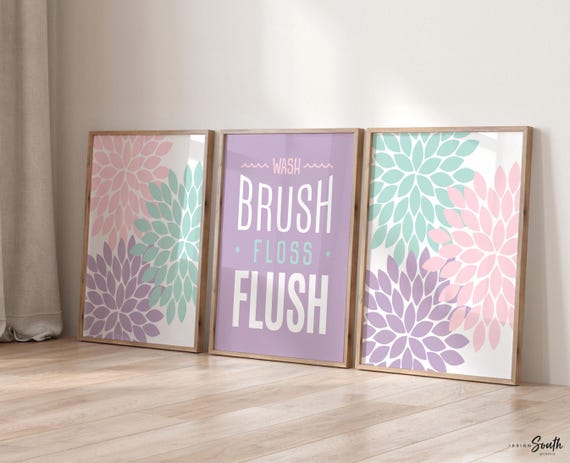 Girls Bathroom Art Prints: Pink Purple Floral Decor (Set of 3)