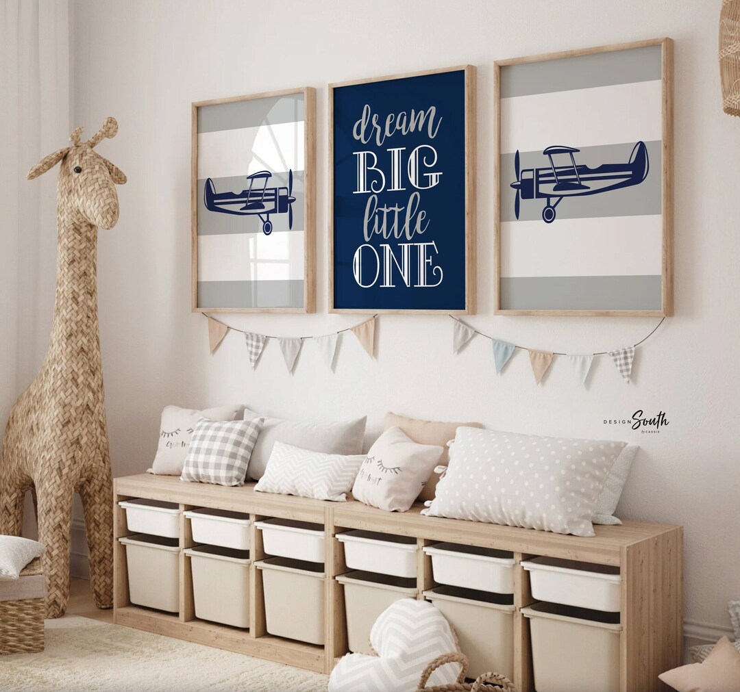 Navy Blue and Gray Boys Airplane Decor, Blue and Gray Airplane Art