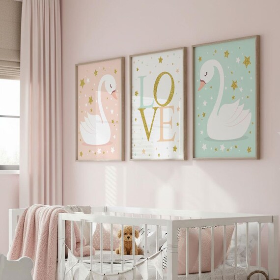 Swan Nursery Decor: Love Print Set, Girl Bedroom Wall Art