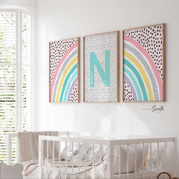 Baby girl pink sparkle nursery art, pink teal rainbow nursery, pink teal baby art, monogram baby art, rainbow nursery art, name nursery art