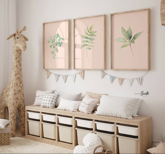 Blush pink and green plant wall art set, bathroom plant art, decor wall modern tropical plant, pink green bathroom, blush pink plant nursery