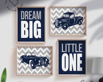 Vintage Car & Truck Prints: Navy Blue Nursery Art (Set of 4)