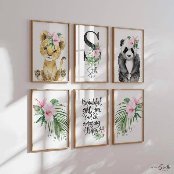 Pink Hawaiian Nursery Prints: Panda Bear, Tropical Flowers, Personalized Name