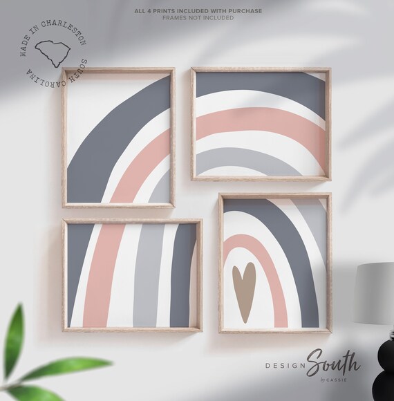 Blue and blush nursery, children rainbow wall, blush pink and blue rainbow for kids baby children, art gender neutral blue gray nude blush