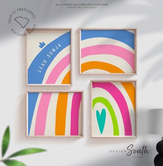 Bright rainbow decor for girl, bedroom decor rainbow theme, blue pink orange teal wall art for girl, bright playroom decor personalized name