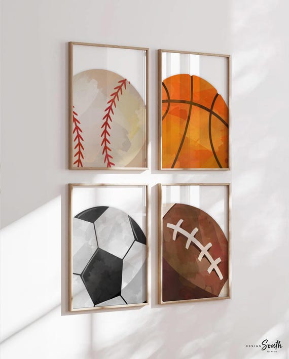 Boys room sports decor, basketball baseball football soccer wall art posters, athletic kid room, sports theme gift for boy, nursery sports