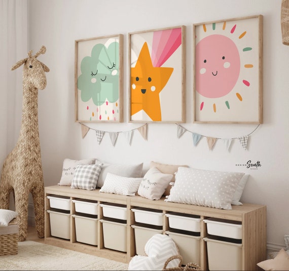Sunshine nursery art, sunshine themed nursery decor, kids playroom wall ideas, baby shooting star art print set, pastel sun shooting star