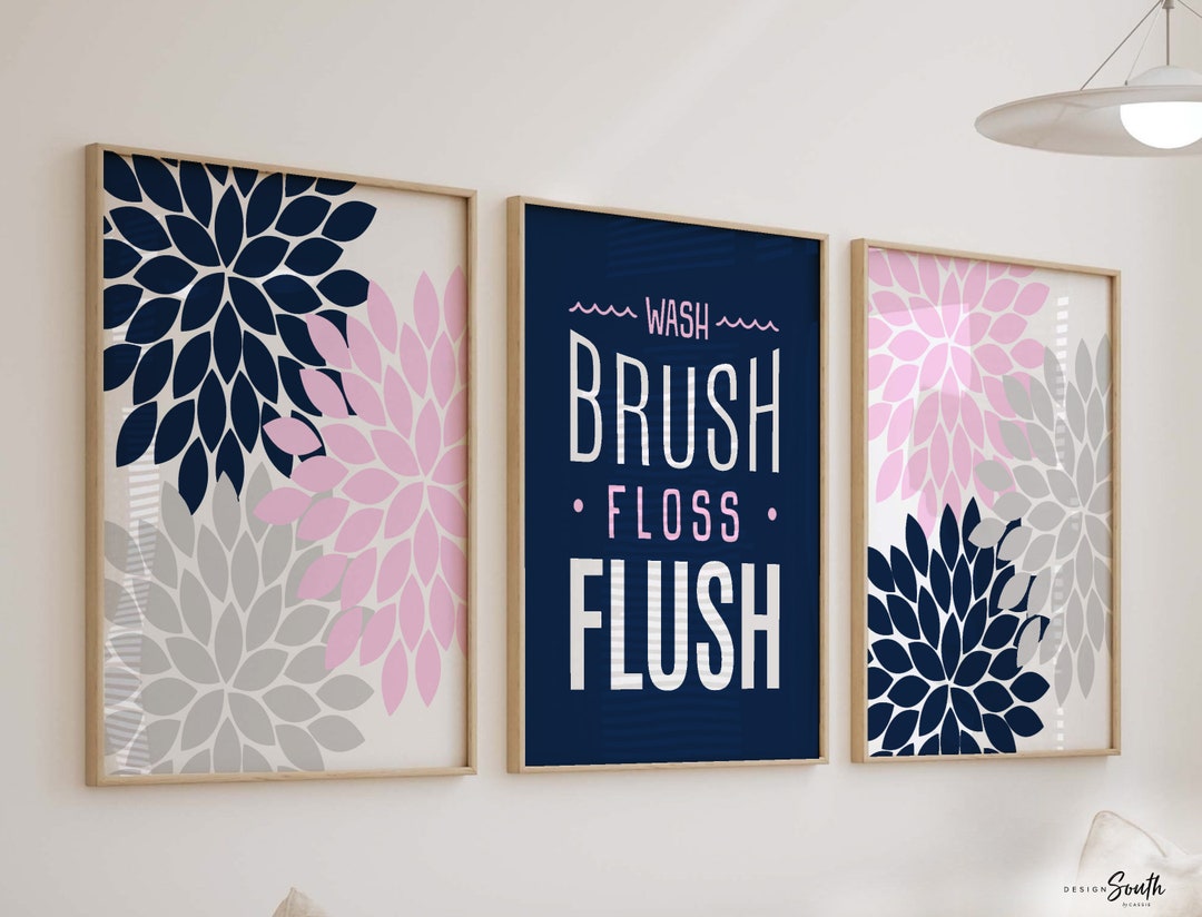Girls Pink and Navy Bathroom, Wash Brush Flush, Pink Navy Bathroom Wall ...