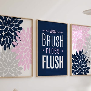 Girls pink and navy bathroom, wash brush flush, pink navy bathroom wall decor, girl bathroom decor, girls flower bathroom, modern baby decor