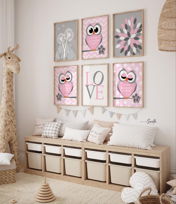 Owl nursery decor, baby girls owl nursery wall art, nursery wall art girl, pink decor for nursery, pink owls for nursery, nursery owl art