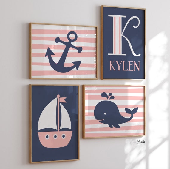 Pink nautical decor, girl pink and navy nautical room wall art print set, gift for girl whale sailboat, nautical shower gift girls name pink