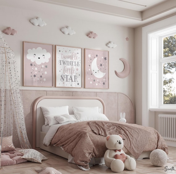Mauve Nursery Art Prints: Moon, Stars, Cloud Decor