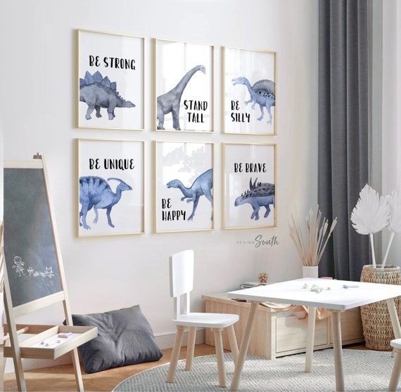 Boys blue bedroom decor, dinosaur boys playroom decor ideas, blue dinosaur gift print set of 6, inspiring quotes boys dinosaur theme blue
