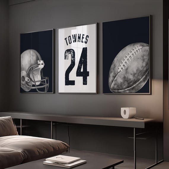 Custom Name Football Art Prints, Boy Nursery Decor, Set of 3