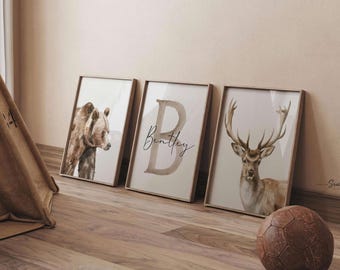 Personalized Woodland Animal Nursery Prints – Bear & Deer Set of 3 Boy Bedroom Wall Art