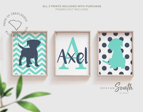 Boys nursery decor, monogram nursery decor, teal navy wall decor, puppy dog prints, little boys room cute puppy theme, gift for boy custom