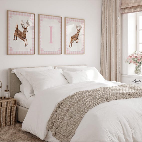 Whitetail Deer Nursery Art Set, Pink Gingham Buck Prints, Personalized Initial Decor