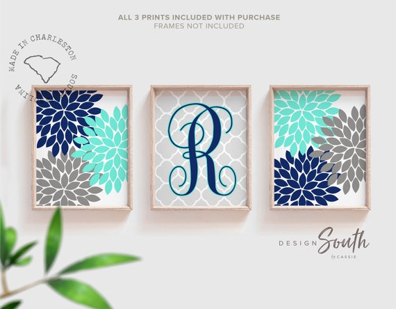 Teal gray modern floral decor, teal bedroom wall art pictures, personalized name art girls monogram, flower burst, girls bedroom decor teal