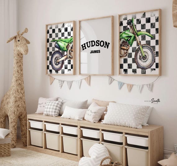 Personalized Dirt Bike Nursery Art: Green Motocross Prints