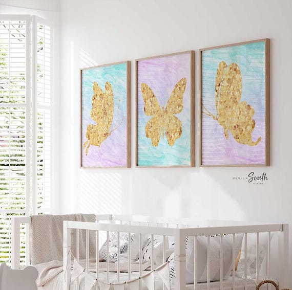 Gold butterfly art, purple gold wall art for girls, toddler butterfly bedroom art, gold sparkle nursery, gold sparkle little girl room art