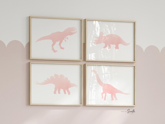 Pink dinosaur art for girl bedroom, decor dinosaur theme pink nursery wall art girl, set of four dinosaur prints in pink, dinosaur girl gift