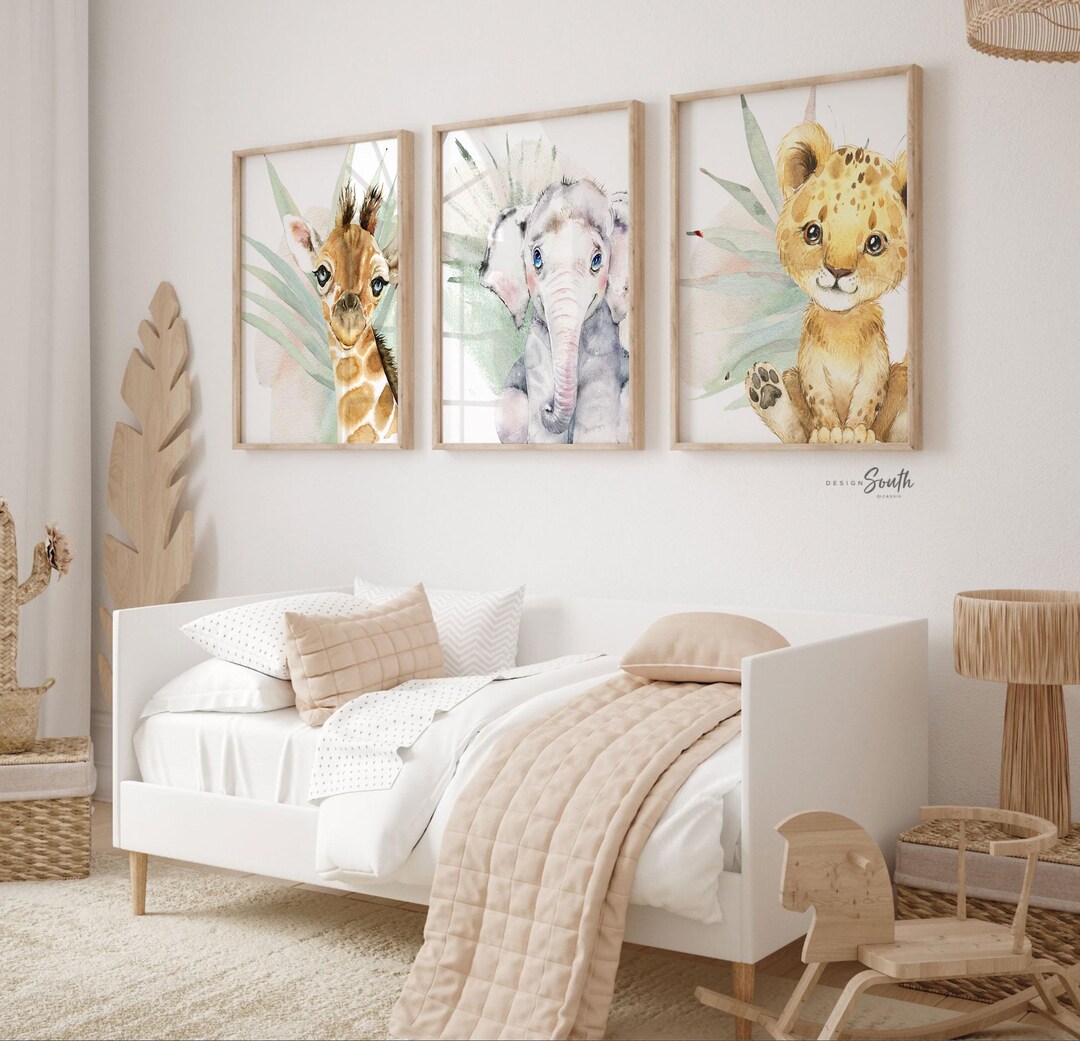 Safari Nursery Art Prints: Lion Cub, Elephant & Giraffe - Tropical ...