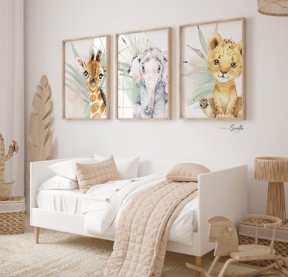 Safari Nursery Art Prints: Lion Cub, Elephant & Giraffe - Tropical Decor