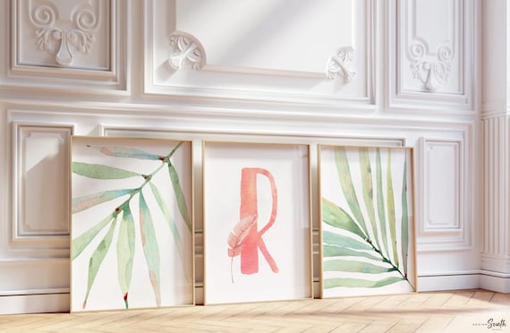 Tropical Nursery Art Prints: Pink Initial, Peach Watercolor (Unframed