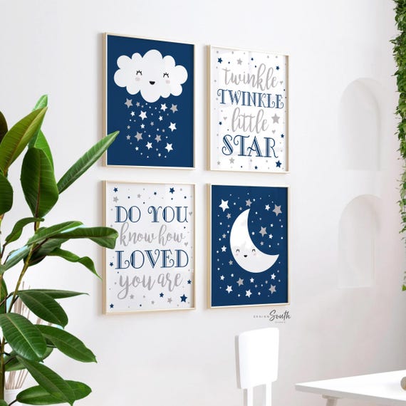 Moon stars nursery, celestial nursery boy, navy blue gray, moon stars & clouds, baby boy art, star moon baby decor, celestial art wall decor
