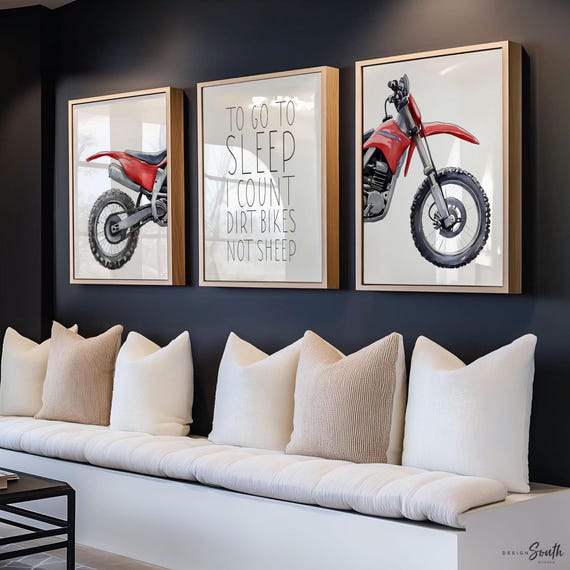 Red Dirt Bike Watercolor Prints: Boys Room Decor, Motocross Art - Set of 3