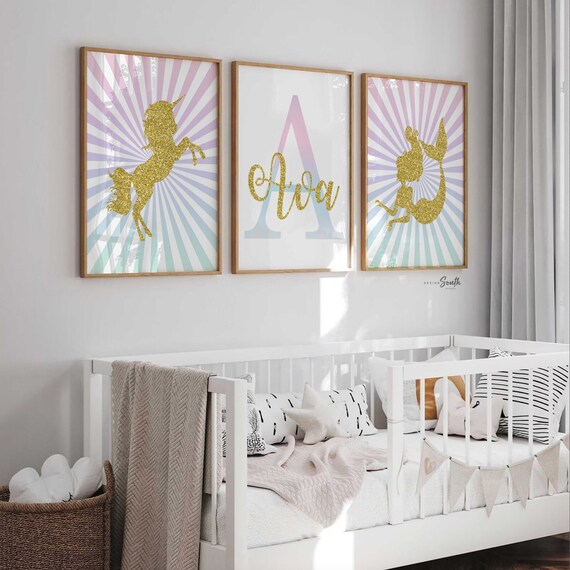 Unicorn wall art, personalized name unicorn decor, unicorn poster nursery wall art, kids room wall, baby girl nursery gold glitter rainbow