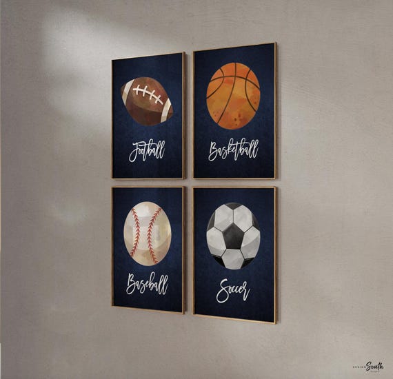 Little boy sports room theme, sports kids wall art print, vintage sports decor, set of 4 sports balls, football baseball basketball children