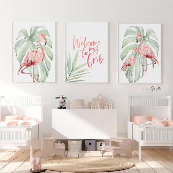 Flamingo Nursery Art Prints: Tropical Baby Room Decor Set